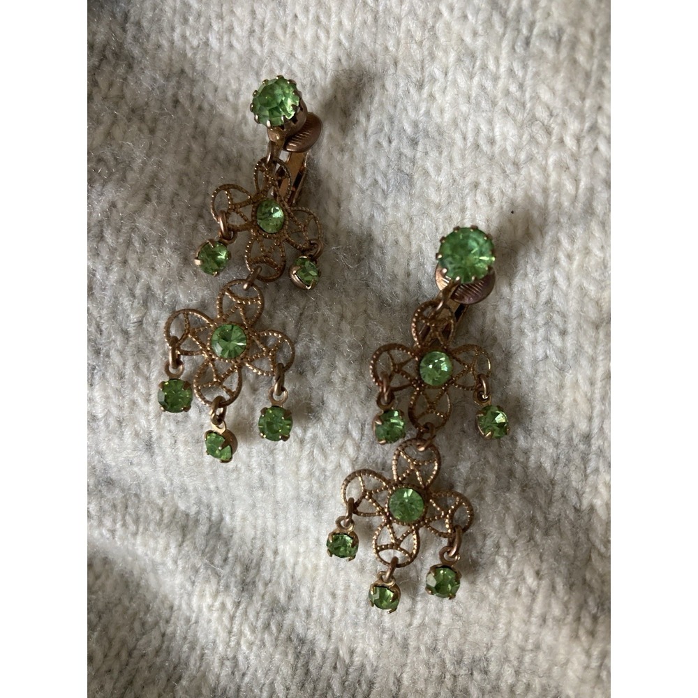 Vintage Green Rhinestone Filigree Dangle Earrings Gold Tone Floral Clip On